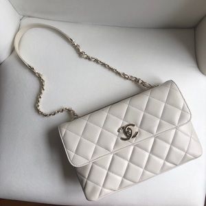 White CHANEL Lambskin Flap Bag - gold tone metal